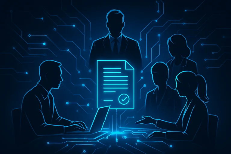 Ilustração de e‑CNPJ com equipe de negócios e certificado digital